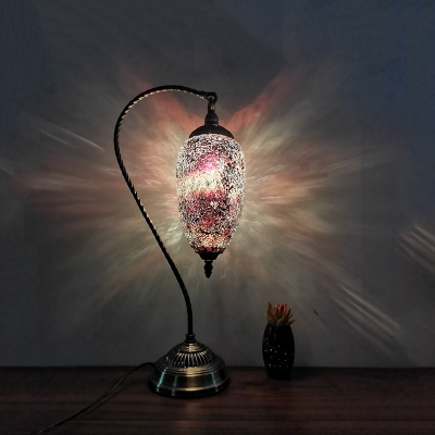 Black Crackle Glass Elliptical Nightstand Lamp Moroccan Single Head Bedroom Table Light in Bronze