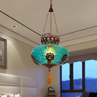 Blue Lantern Suspension Lighting Moroccan Textured Glass 1 Light Restaurant Hanging Pendant Light