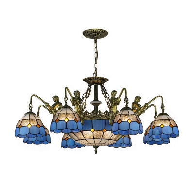 Blue Mermaid Chandelier Light Fixture Mediterranean 3/5/9 Bulbs Multicolored Stained Glass Pendant Lamp for Kitchen
