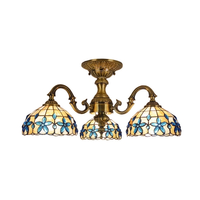 Bowl Ceiling Light Fixture Tiffany Hand Cut Glass 3 Lights Blue Semi Flush Mount Lamp