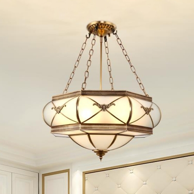 Brass 4 Heads Flush Mount Lamp Traditionalism Sandblasted Glass Bowl Ceiling Fixture for Dining Room