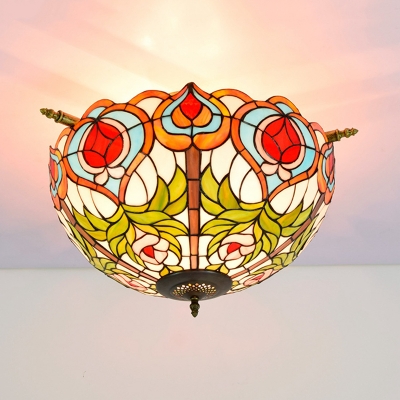Brass Bowl Shape Ceiling Lamp Baroque 5 Bulbs Multicolored Stained Glass Flush Mount Lighting