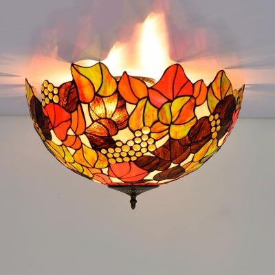 Bronze Grape/Rose Ceiling Lamp Victorian 5 Bulbs Multicolored Stained Glass Flush Mount Lighting