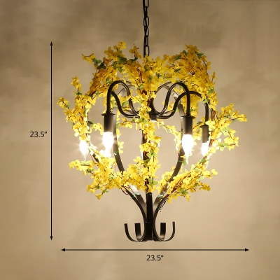 Candle Restaurant Pendant Chandelier Traditional Iron 5 Heads Black Hanging Ceiling Light with Artificial Flower