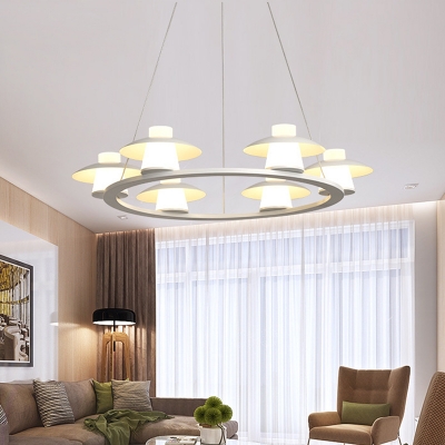 Circular Acrylic Chandelier Lamp Contemporary 6/8 Heads White Hanging Light Fixture in Warm/White Light