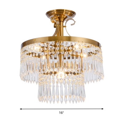 Crystal Round Semi Flush Mount Modernism 6 Heads Brass Ceiling Light Fixture for Dining Room