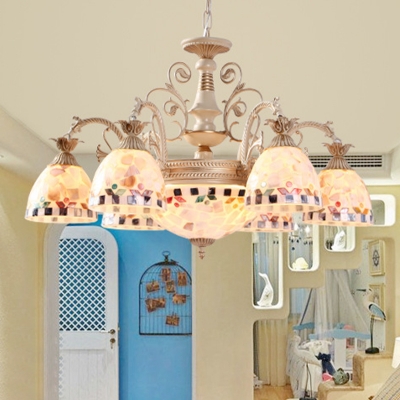 Domed Chandelier Light Fixture 3/5/9 Lights Shell Mediterranean Hanging Lamp Kit in White for Living Room