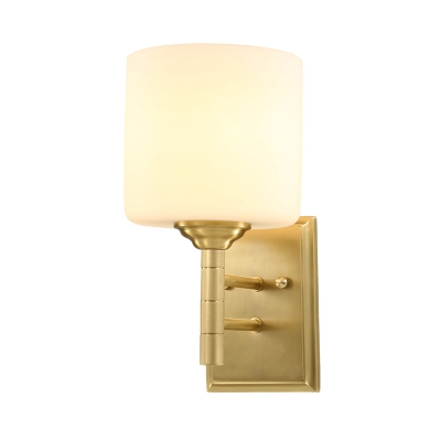 Drum Ivory Glass Wall Light Sconce Minimalism Style 1 Light Living Room Wall Mount Lamp in Brass