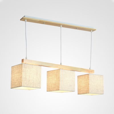 Fabric Square/Drum Island Light Fixture Contemporary Style 3 Lights Pendant Lamp in Flaxen