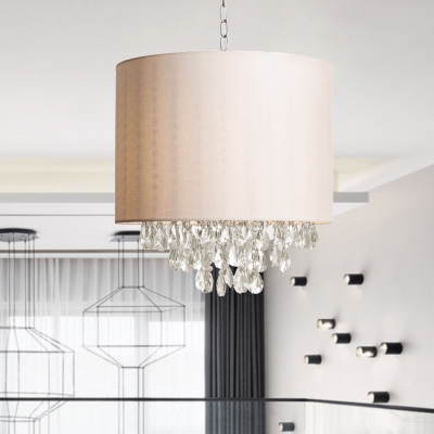 Faceted Crystal Cylinder Hanging Chandelier Modern 3/4 Lights Beige Ceiling Lamp for Bedroom