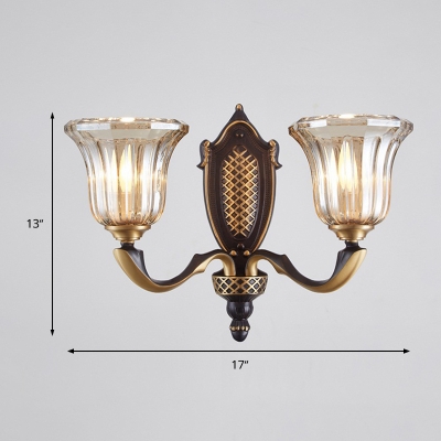 Flared Clear Glass Shade Wall Mount Lamp Retro 1/2 Bulbs Living Room Sconce Light in Brass