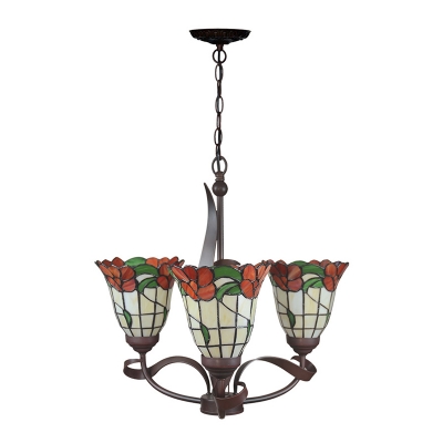 Flower Chandelier Lighting Fixture Tiffany Multicolored Stained Glass 3/5 Bulbs Red Suspension Light for Bedroom