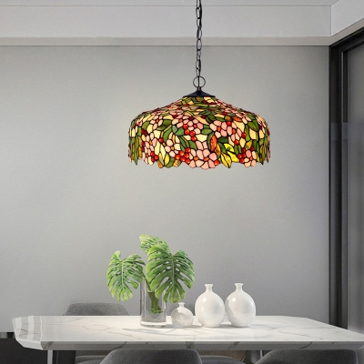 Flower Chandelier Pendant Light 3 Lights Pink/Green Stained Glass Victorian Hanging Ceiling Light for Dining Room
