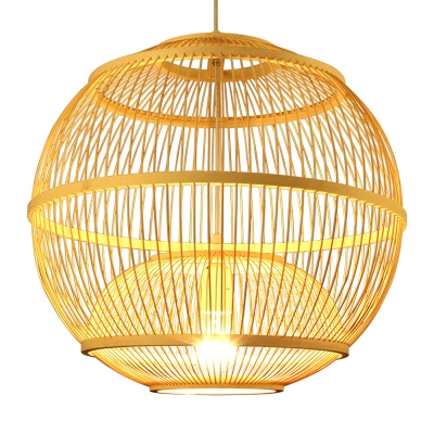 Globe Suspension Pendant Light Modern Bamboo 1 Light Dining Room Ceiling Lamp in Beige