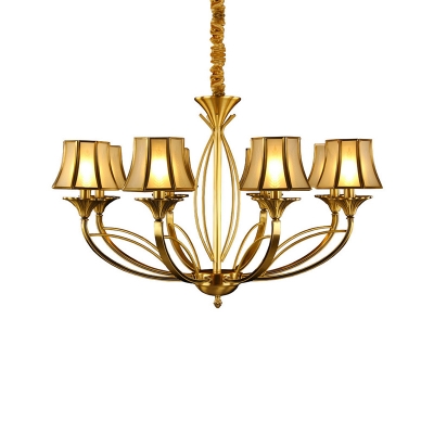 Gold 5/6/8 Heads Chandelier Lamp Colonization Frosted White Glass Flared Pendant Light Kit with Curved Metal Arm