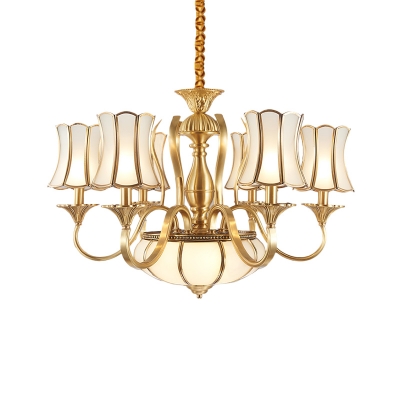 Gold 6 Heads Ceiling Chandelier Colony Metal Sputnik Suspended Lighting Fixture with Curved Frosted White Glass Shade