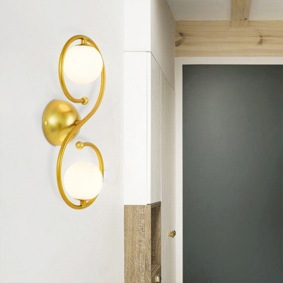 Golden Ball Shape Wall Lamp Modernist 2-Light Milky Glass Wall Light Sconce with Swirling Arm
