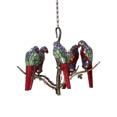 Green 5 Lights Chandelier Pendant Light Victorian Stained Glass Parrot Shaped Hanging Lamp Kit