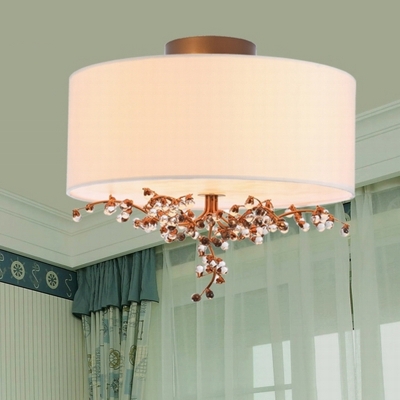 K9 Crystal Drum Ceiling Lighting Traditional 3/4/5 Heads Bedroom Semi Flush Mount Light Fixture in Beige
