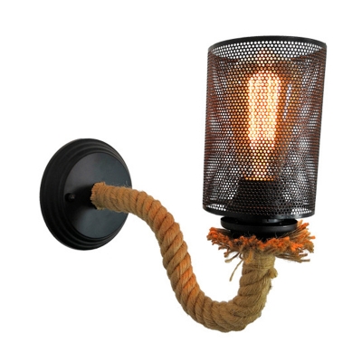 Metal Black Sconce Cylinder 1 Light Industrial Style Wall Mounted Light Fixture with Rope Arm