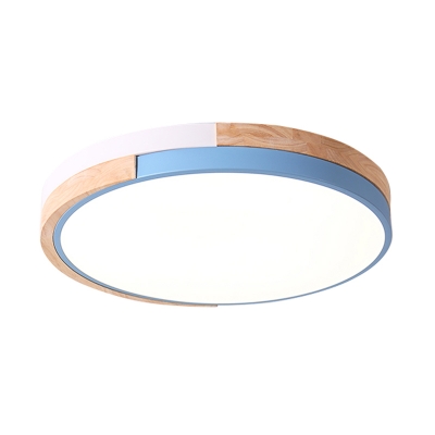 Metal Drum Ceiling Lighting Macaron Blue/Pink/Green LED Flush Mount Fixture with Acrylic Shade in Warm/White Light