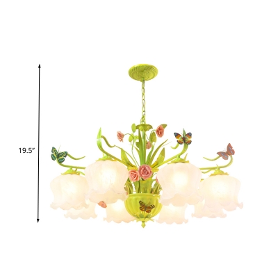 Milk Glass Bloom Chandelier Lamp Traditional 8 Heads Living Room Pendant Light Fixture in Green with Butterfly Decor