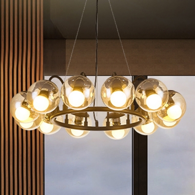 Modernism Orb Chandelier Light with Metal Ring 12 Lights Cognac Glass Ceiling Hanging Light