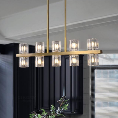 Modernist Cylinder Island Chandelier Clear Crystal 10 Bulbs Kitchen Pendant Lamp in Gold