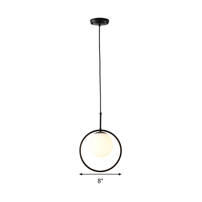 Opal Glass Ball Hanging Lamp Contemporary 1 Bulb Pendant Ceiling Light with Round Metal Frame