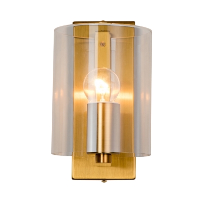 Post-Modern 1 Bulb Wall Light Sconce Brass Finish Cylindric Wall Lamp with Clear/Textured White Glass Shade