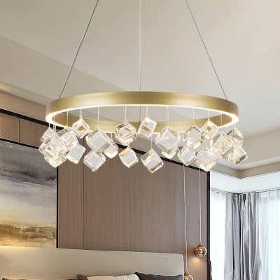 Ring Bedroom Chandelier Pendant Light Cubic Crystal Gold LED Ceiling Light in Warm/White Light