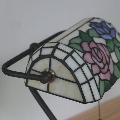 Rose Multicolored Stained Glass Banker Desk Lamp Victorian 1 Head Bronze Desk Light for Bedroom