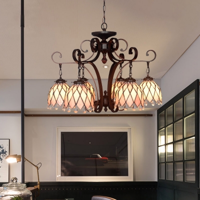 Stained Glass Flower Ceiling Chandelier Tiffany 6 Bulbs Black Suspension Lighting with Crystal Accent for Living Room