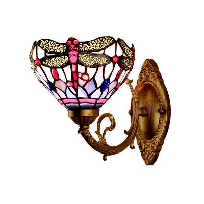 Tiffany Dragonfly Wall Mounted Lighting 1 Light Stained Art Glass Sconce in Brass for Bathroom