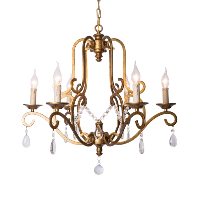 Traditional Candelabra Hanging Pendant 6 Heads Clear K9 Crystal Chandelier Lighting Fixture in Gold