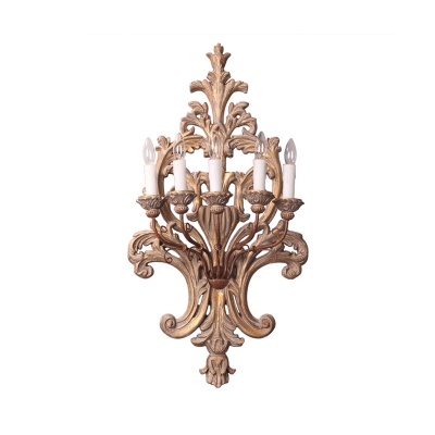 Traditional Candelabra Wall Mount Lamp 5 Lights Wood Sconce Light Fixture in Rust
