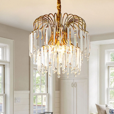 Traditional Cascading Chandelier Lighting Fixture 3 Heads Clear Crystal Glass Pendant Ceiling Light in Gold
