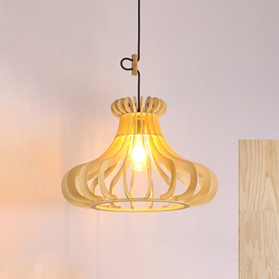 Wood Gourd Hanging Lamp Asian 1 Bulb Suspension Pendant Light in Beige with Adjustable Metal Chain