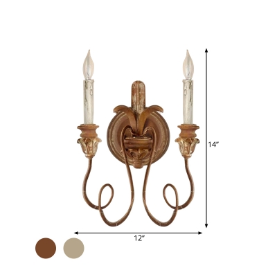 Wood Scroll Frame Sconce Countryside 2 Lights Bedroom Wall Lighting Fixture in Bronze/White/Distressed White