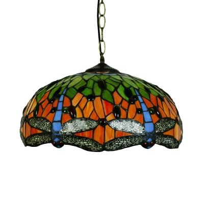 1/2 Lights Kitchen Chandelier Lighting Tiffany Brass Hanging Ceiling Light with Dragonfly Green/Blue Glass Shade