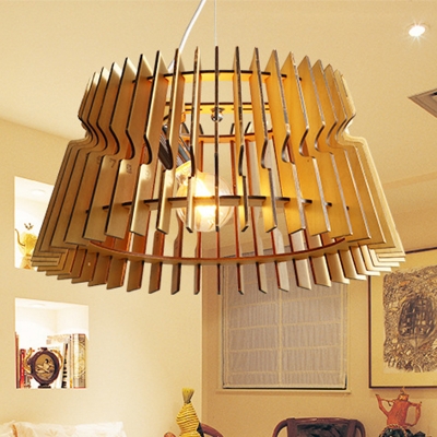 1 Bulb Bedroom Ceiling Light Asian Beige Suspended Lighting Fixture with Tapered Wood Shade