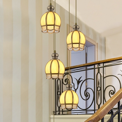 1 Bulb Ceiling Pendant Light Traditional Stair Hanging Lamp with Flower Clear/Beige Glass Shade