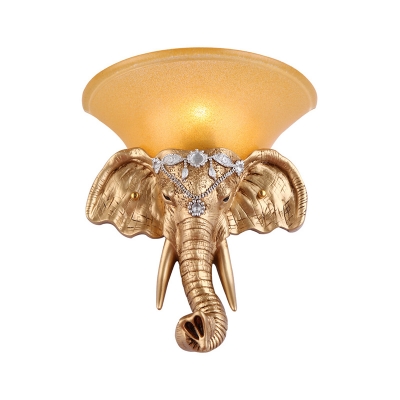 1 Bulb Flared Wall Sconce Lodge Style Yellow Glass Wall Lighting with Golden Elephant Design for Bedroom