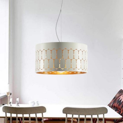 1 Head Dining Room Pendant Lamp Modern White Hanging Light Kit with Drum Metal Shade