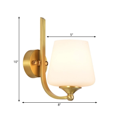 1 Head Wall Sconce Fixture Modern Style Tapered Shade Milky Glass Wall Lighting in Brass for Bedroom