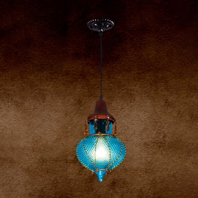 1 Light Urn Pendant Lighting Fixture Moroccan Blue/Green/Purple Glass Hanging Lamp Kit for Restaurant
