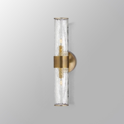 2 Heads Bedroom Sconce Modern Brass Wall Light Fixture with Cylinder Crackle Glass Shade
