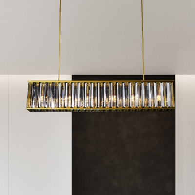 4 Lights Rectangle Island Pendant Light Postmodern Gold Tri-Sided Crystal Rod Hanging Light Kit