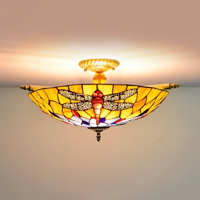 5 Heads Ceiling Lighting Tiffany Dragonfly Handcrafted Art Glass Flush Light Fixture in Brass