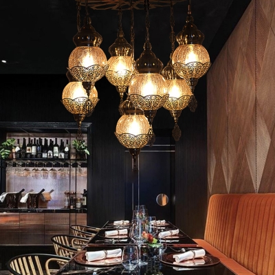 7 Lights Dining Room Ceiling Lamp Vintage Bronze Chandelier Pendant Light with Globe Amber Crackle Glass Shade
